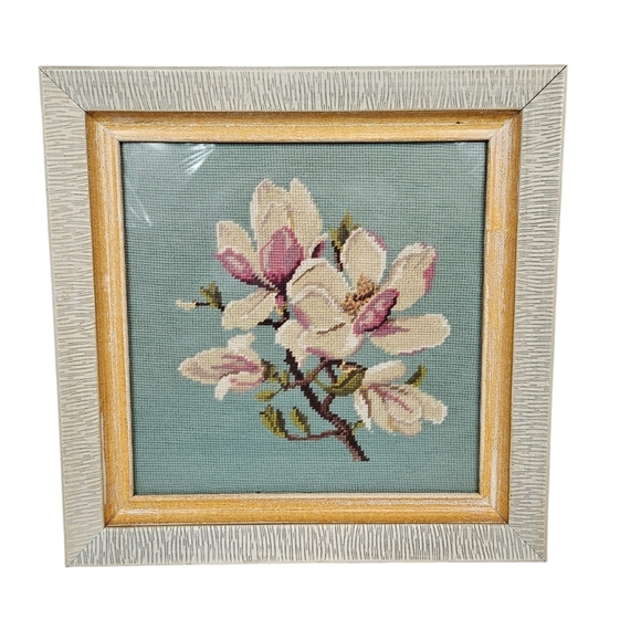 Vintage Handmade Framed Orchid Floral Bouquet Needle Point 16.75" x 16.75" - Picture 6 of 6